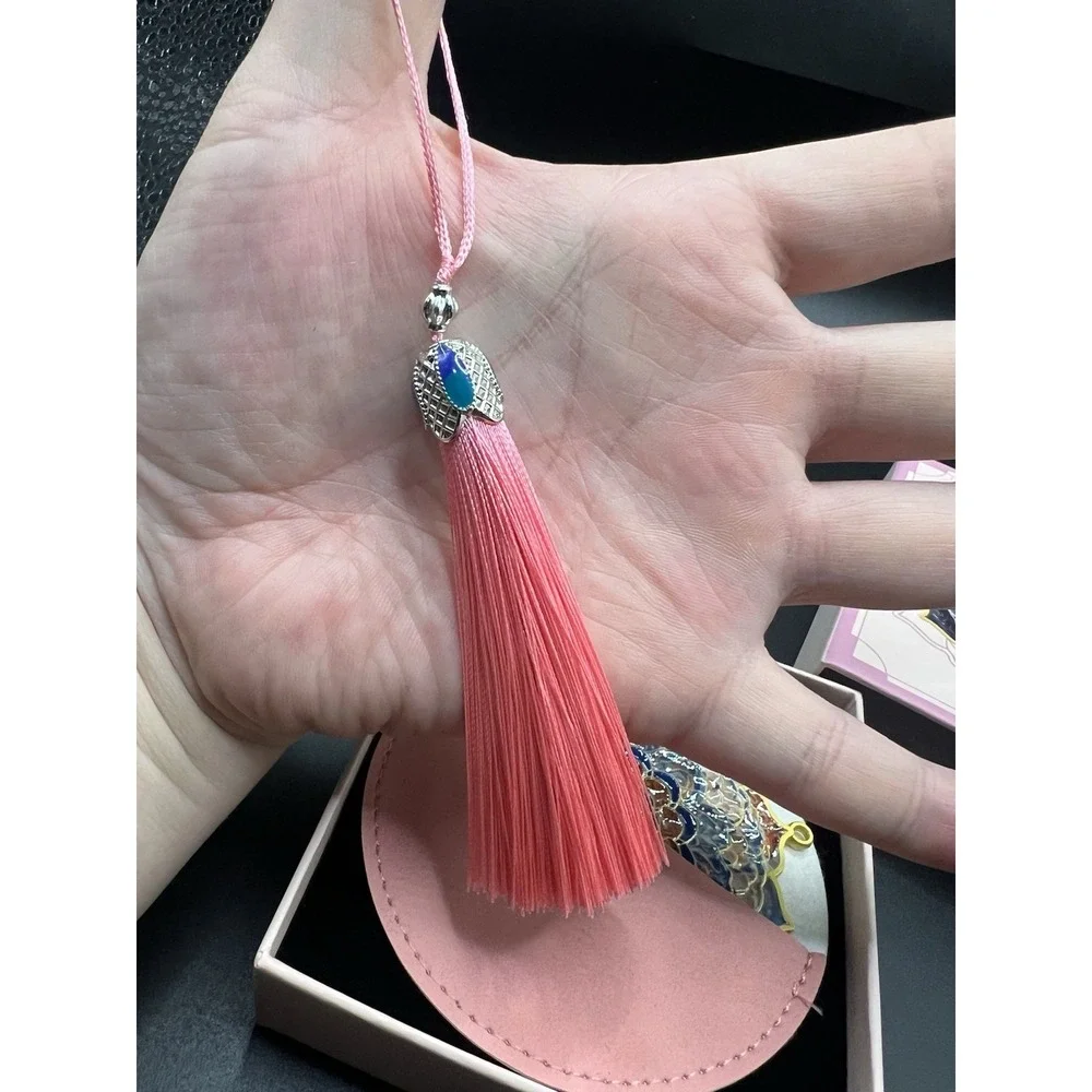 Chinese Cloisonne Enamel Hand Mirror Floral Medallion Pink Tassel With Box